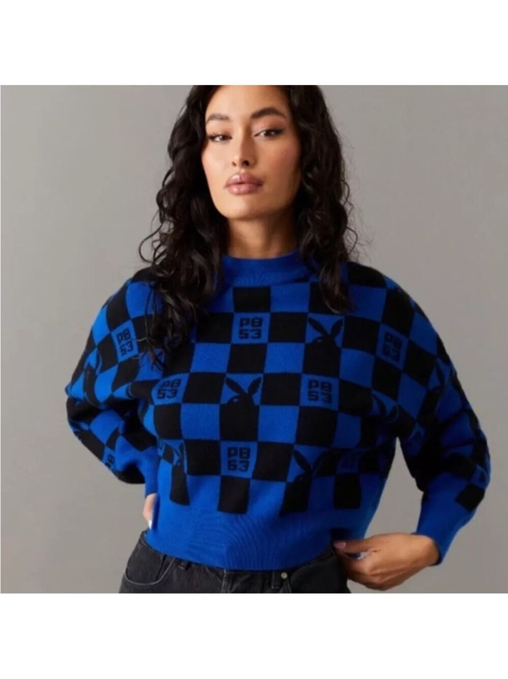 Playboy Checkered Knit Crop Sweater Blue/Black Sz XL